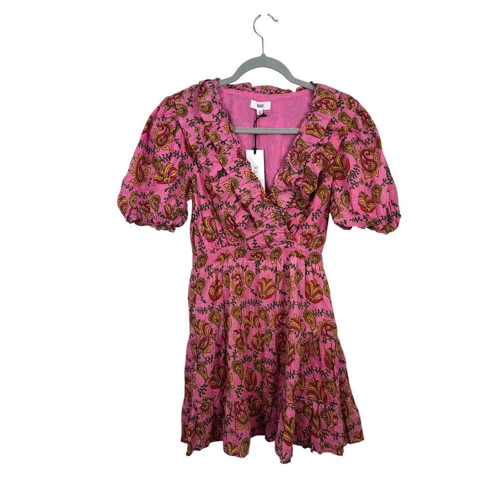 RAHI Mini Dress Womens XS Pink NWT Paisley Ruffle Puff Sleeve Cotton AL-15106B